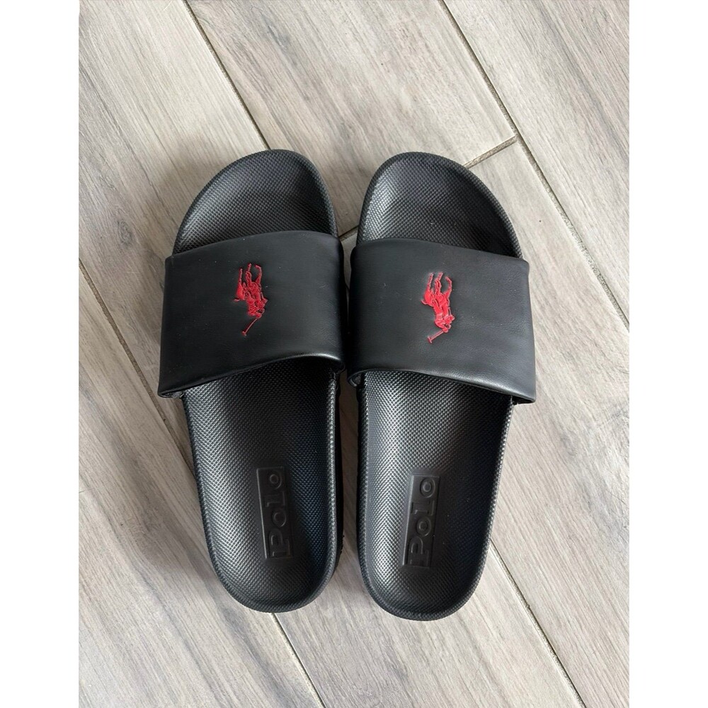 Polo Ralph Lauren Black Slide Sandals Men’s Size 10 Red Logo